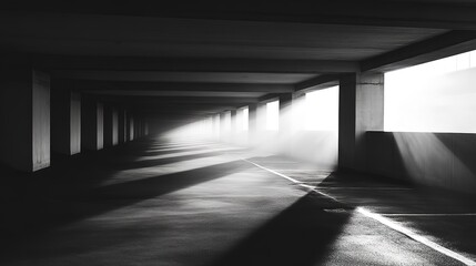 Fototapeta premium Monochrome sunlit empty parking garage with long shadows and atmospheric lighting