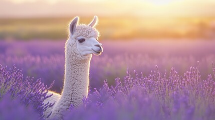 Fototapeta premium Adorable alpaca in blooming lavender field at sunset