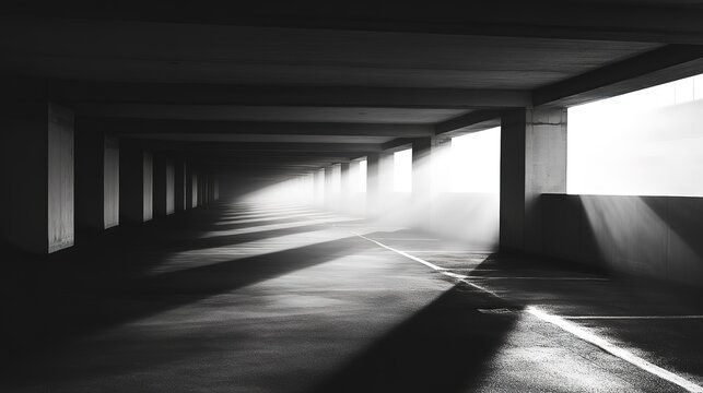 Monochrome sunlit empty parking garage with long shadows and atmospheric lighting