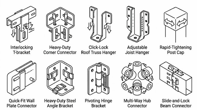 A collection of various metal construction hardware connectors and brackets for building and framing.
