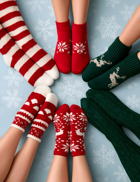 A group of six teenagers are comparing their socks.