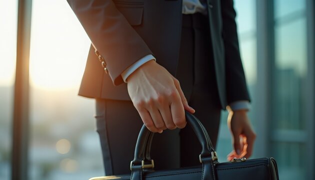 Professional businessman holding briefcase in modern office setting. Businessman in formal suit, standing by window at sunset with briefcase in hand,