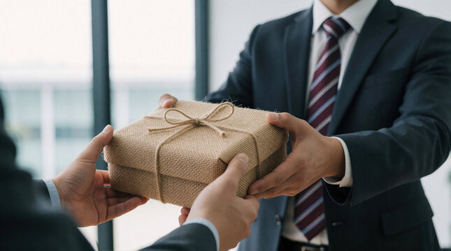 Businessman in formal suit hands wrapped gift box to colleague inside office. Pro gives present to partner for recognition celebration. Male employee receives package as corporate reward. Concept of