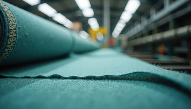 Carpet manufacturing process showing teal fabric roll and machinery in textile factory. Carpet production features active machinery and vibrant teal tones, emphasizing textile craftsmanship.