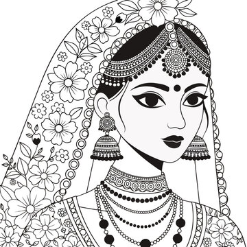 A highly detailed black and white line art illustration of a beautiful South Asian bride wearing traditional bridal jewelry, an ornate veil, and elegant cultural accessories. The portrait features exp