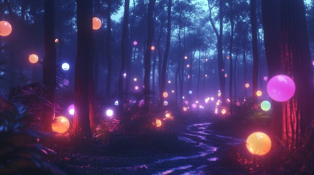 Enchanted forest path at dusk with glowing colorful orbs illuminating the trees