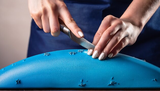 hands using a knife on a blue object