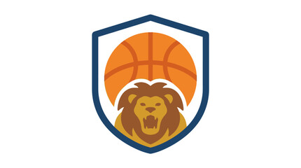 Sport logo featuring orange basketball and fierce lion head. © Wahyu