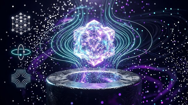 Futuristic superconductor hologram levitating in dark lab. Advanced quantum tech energy field glowing with neon particles for innovation research.