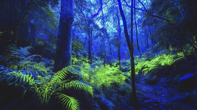 Mystical forest: neon ferns amidst blue-hued woodland in tranquil nature scene