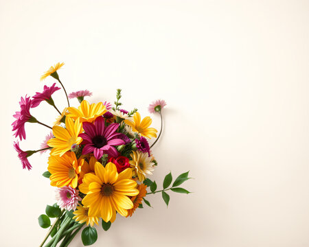 Bouquet de fleurs sauvages color&eacute; avec marguerites jaunes et fleurs pourpres, dispos&eacute; avec &eacute;l&eacute;gance sur un fond clair, id&eacute;al pour d&eacute;coration florale printani&egrave;re et cadeau festif