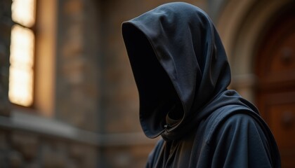 Shrouded figure in dark hooded cloak with mysterious presence standing near ancient stone architecture. Shrouded figure captures attention with its enigmatic aura against historical backdrop.