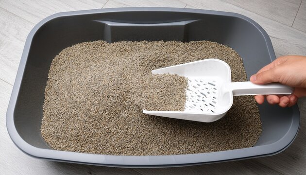 hand holding a white scoop removing cat litter from a gray litter box with clean litter visible inside the container