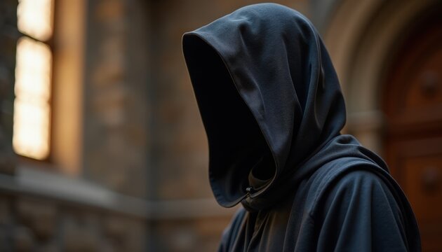 Shrouded figure in dark hooded cloak with mysterious presence standing near ancient stone architecture. Shrouded figure captures attention with its enigmatic aura against historical backdrop.