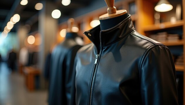 Stylish black leather jacket displayed on mannequin in modern retail shop, showcasing sleek design and craftsmanship, valuable piece for fashion enthusiasts and clothing stores.