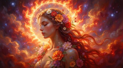 Obraz premium Woman portrait with flowers in hair stands against burning solar circle background. Surreal fire goddess glows amidst cosmic galaxy nebula. Fantasy lady face looks serene embers dance around divine
