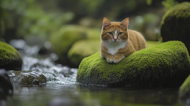 Ginger cat resting on moss-covered rock by tranquil stream in lush forest scene