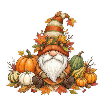 Cute autumn gnome illustration with pumpkins and fall leaves isolated on transparent background