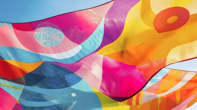 Vibrant abstract fabric art with colorful shapes and patterns