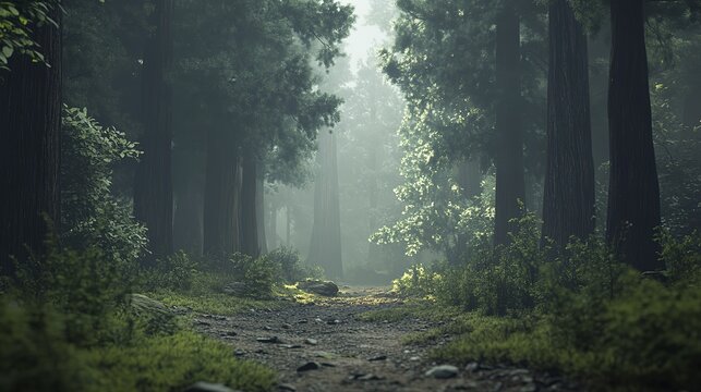 Serene forest pathway with sunlight filtering through tall trees