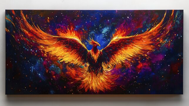 Fiery phoenix in vibrant cosmic sky with outstretched wings