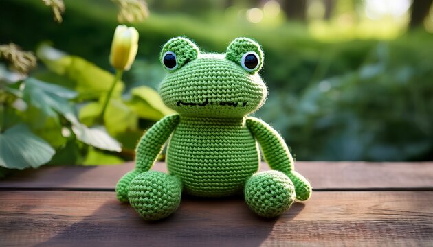 cute handmade amigurumi crocheted green frog toy sitting on a wooden surface in a garden