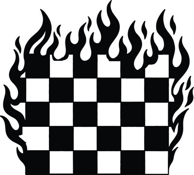 Racing checkered flag with fire, flaming race flag vector, black and white icon