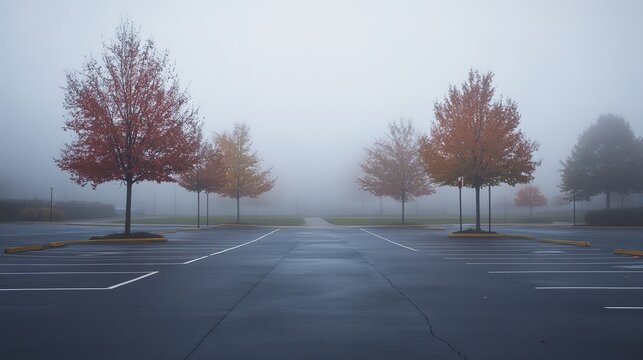Foggy autumn morning in an empty parking lot with colorful trees