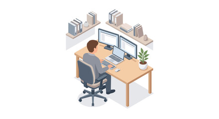 Fototapeta premium Isometric illustration of a man working at a modern office desk