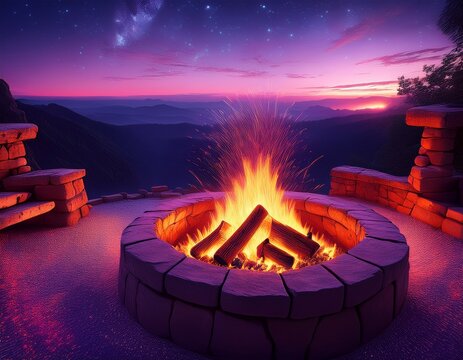 ancient stone fire pit at twilight flames dancing through weathered logs ember sparks rising against deep purple sky