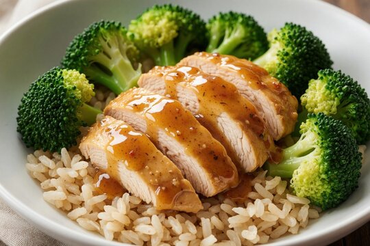 Sliced roasted chicken breast with honey mustard sauce on white plate. Fresh steamed broccoli florets, brown rice served together in bowl. Healthy balanced diet meal for lunch dinner. Gourmet