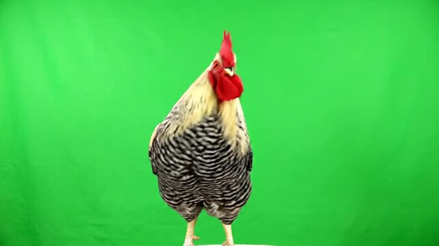 Rooster with striped feathers standing against a green screen background