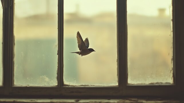 Solitary bird in flight near window with soft light and blurred background