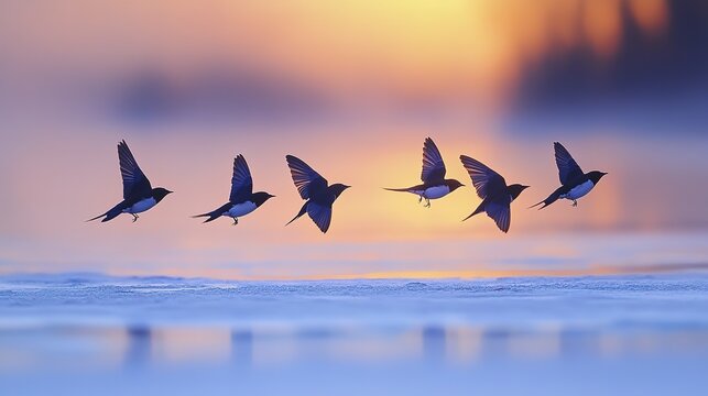 Swallows in flight over tranquil sunset lake