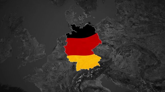 Zoom animation revealing the borders and national flag of Germany on a map of Europe