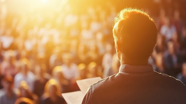 Male speaker addressing audience at sunset with warm glow