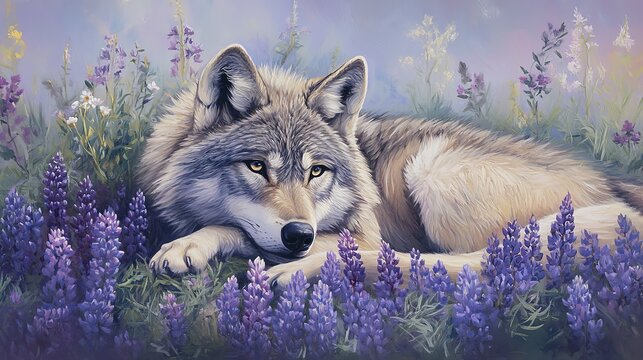 Resting wolf in lush lavender field amidst wildflowers at dusk