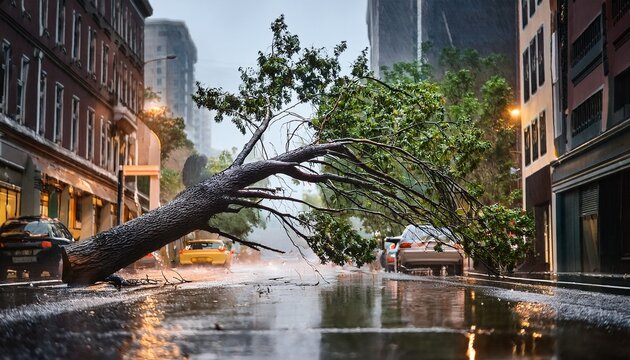 fallen tree on urban street during heavy rainstorm showcasing the impact of severe weather on city infrastructure and nature s resilience