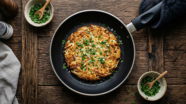Crispy potato rosti or hash brown served in a black frying pan on a dark wooden table, garnished with fresh green herbs