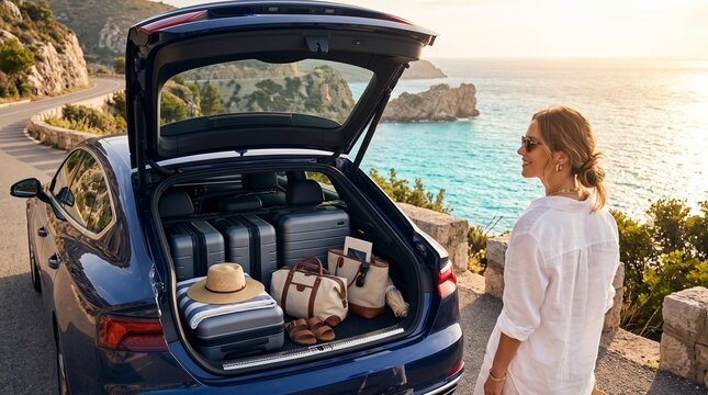 Road Trip Ready: A woman stands by a car packed with luggage on a scenic coastal road, ready for an unforgettable travel adventure with breathtaking ocean views.