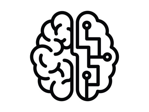 A minimalist black and white icon illustration showing a human brain combined with digital circuit board lines representing artificial intelligence and technology