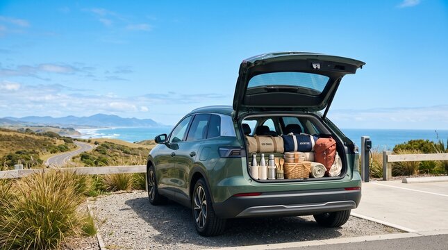 A car with its trunk open, revealing luggage packed for a journey, sits on a coastal road with a breathtaking ocean view and rolling hills.