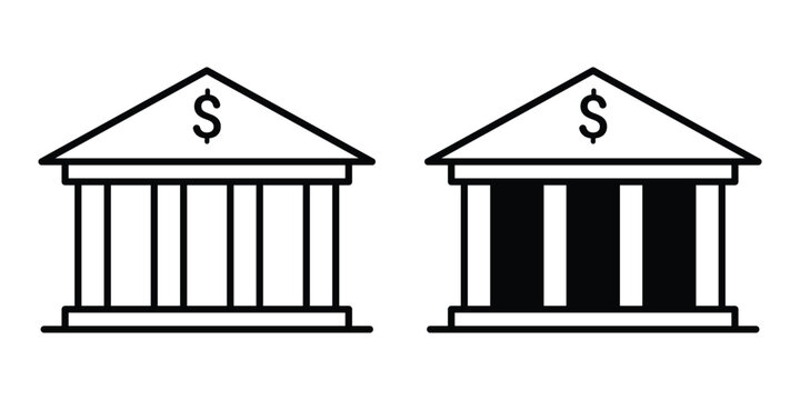 Two simple bank building icons with dollar signs on the roof presented in a minimalist black and white line art graphic style