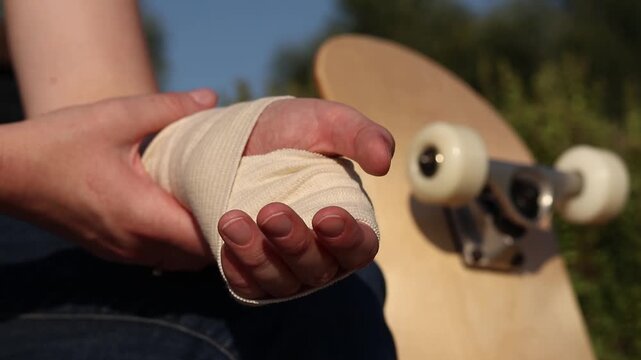 Wrist injury sustained while skateboarding. Close-up of girl's hand wrapped in elastic bandage, wooden skateboard next to it. Concept of sports injuries, first aid and safety during extreme sports