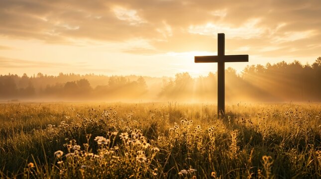 Christian cross silhouette standing in a golden field during a beautiful sunrise.
