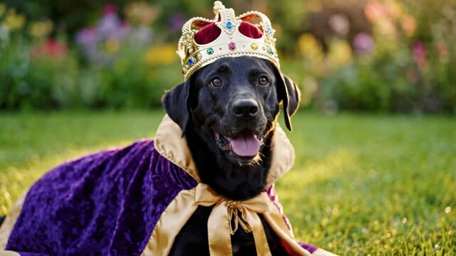 Black Labrador wearing royal crown and purple velvet cape.