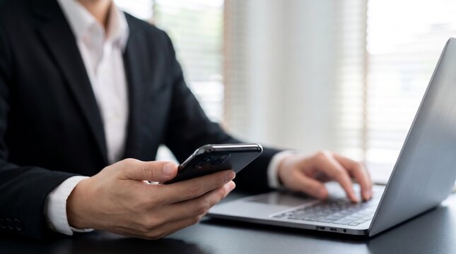 mobile business communication concept showing professional holding smartphone while working on laptop, multitasking workflow, digital connectivity, and modern office productivity

