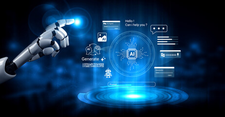 Fototapeta premium A captivating image showcasing a robotic hand interacting with a vibrant AI interface, illustrating the future of communication and advanced technology driven by artificial intelligence. Ledger