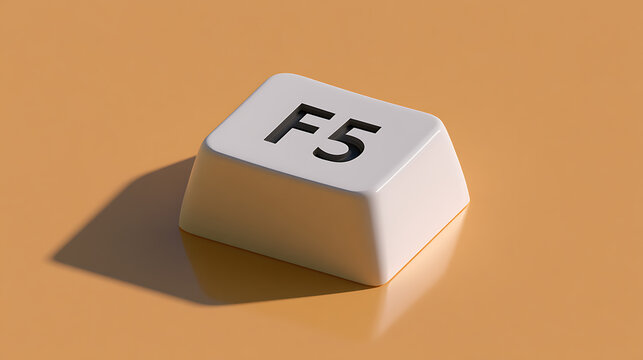 White Computer F5 Keycap on Warm Orange Surface with Clear Shadow, Symbolizing Refresh, Reload, and Modern Technology Interaction