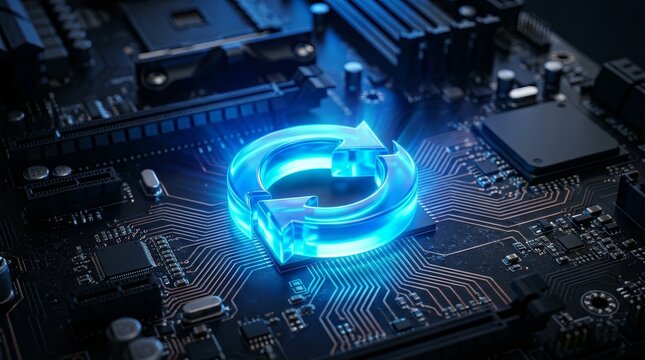A glowing blue refresh button sits on a computer motherboard symbolizing technology and innovation.